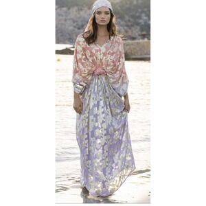MISS JUNE Boutique Kaftan Maxi Dress‎ Gold Floral Jacquard Pastel One Size